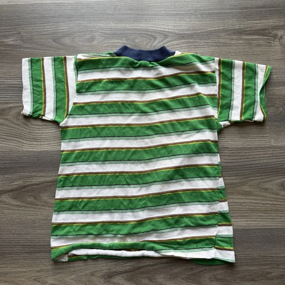 VTG 70s 80s Single Stitch Kids Green Striped Patterned T Shirt Beach Grunge L